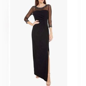 Tahari ASL Black Beaded Ruched Sheer Illusion Neck Long Sleeves Gown Size 14 NWT